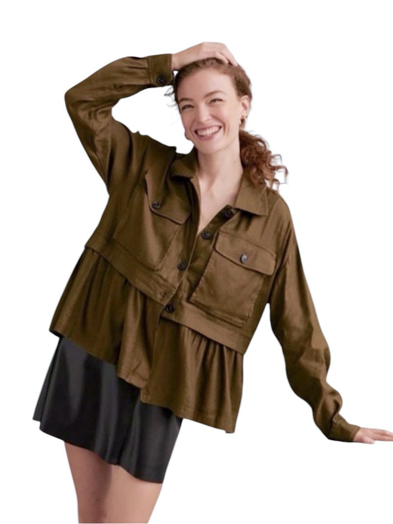 Anthropologie Maeve Flounced Utility Shirt Jacket Bark Brown Size S